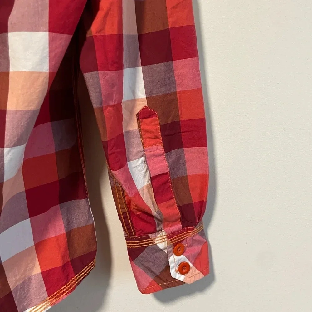 Tanjim Red & Orange Checked Plaid Hooded Button  Up Shirt Jacket - Size Large - Picture 9 of 11